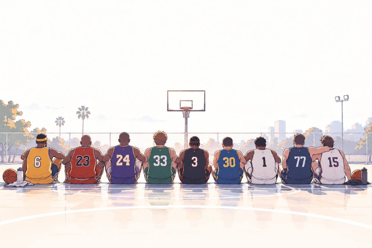 Basketball players sitting together on an outdoor court beneath the hoop