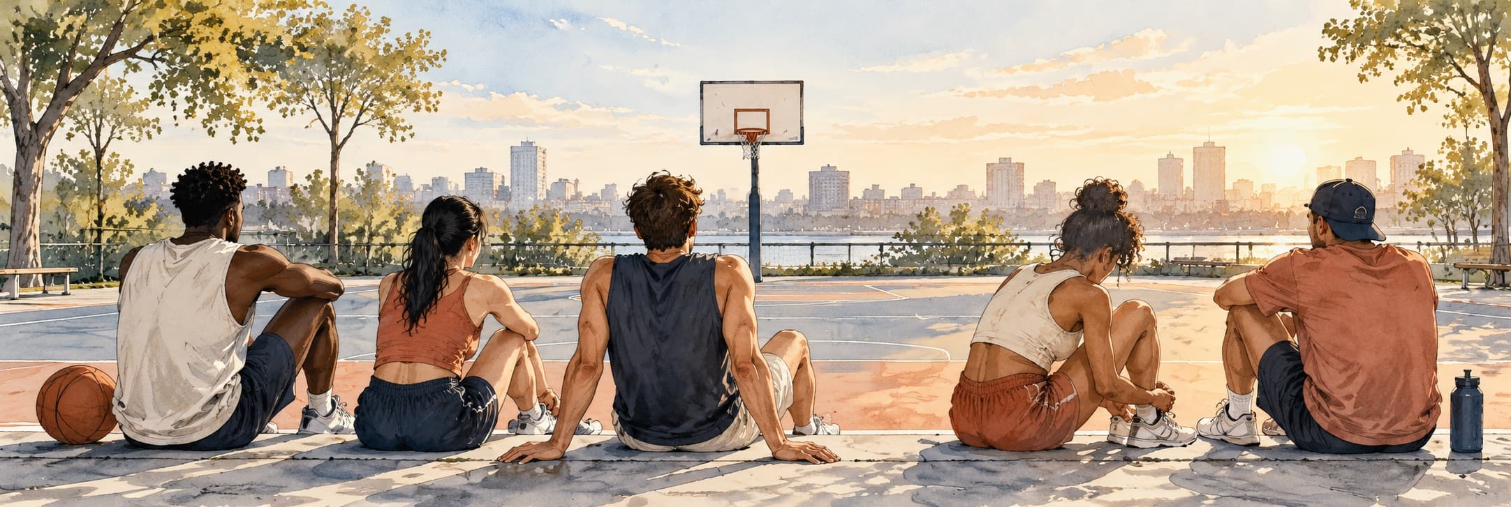 Five recreational basketball players relaxing beside an outdoor court